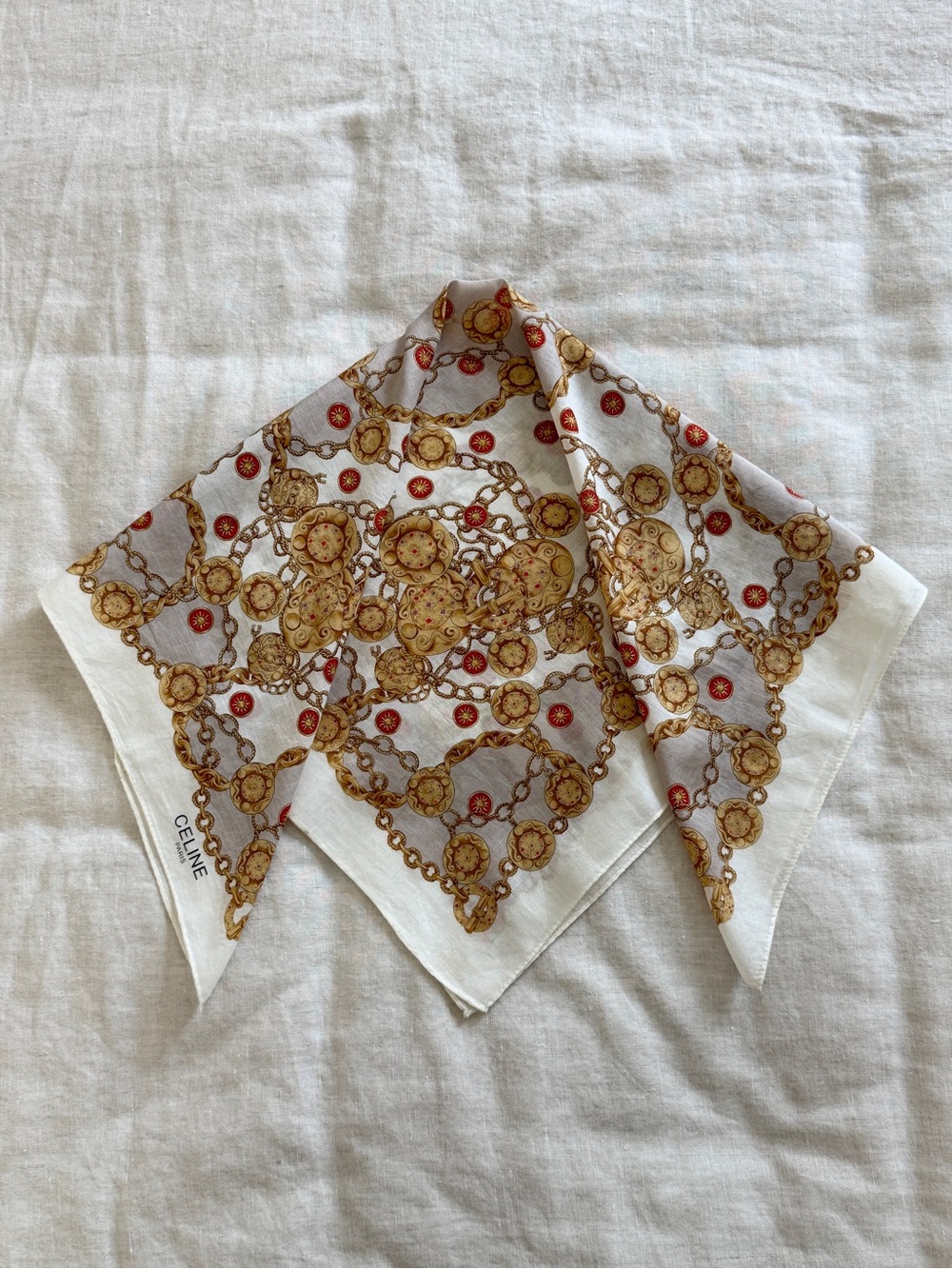 Vintage Celine Chain Medallion Print Cotton Bandana Scarf Made in Japan - Picture 11 of 12
